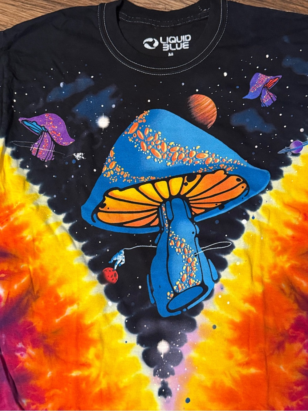Liquid Blue Multicolor Tie-Dye Long Sleeve Tee with Psychedelic Mushroom Design - Picture 3 of 7